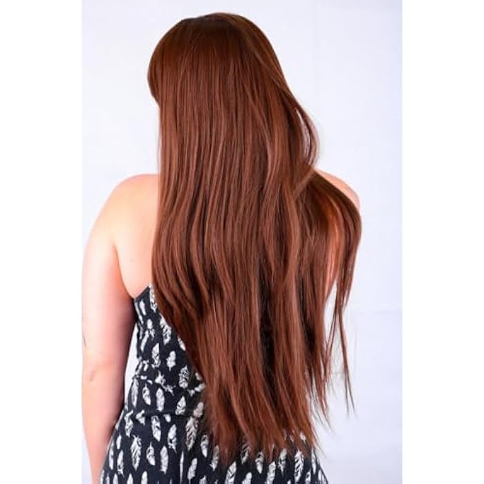 DILLARDS Luxurious Long Brown Synthetic Wig, Straight Style, Heat-Resistant Fiber, Natural Looking Hair with Side Bangs - Image 3